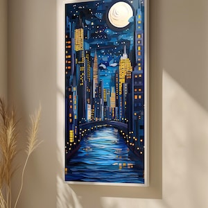 Modern Cityscape Night Canvas Painting - Vibrant Skyline and Moonlit River Art Gift for Urban Wall Decor