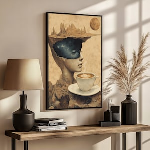 Surreales, kosmisches Kaffeetassen Gemälde – ein einzigartiges Geschenk für Liebhaber von traumhafter surrealistischer Kunst im Vintage Postkarten Stil