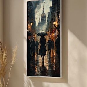 Mystical Rainy City Street Canvas Painting - Umbrella and Night Walk Art Gift for Vintage Wall Decor
