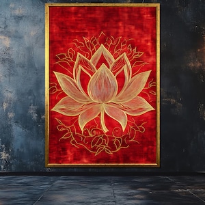 Red and Gold Lotus Canvas Painting, Spiritual Wall Art, Zen Floral Artwork, Elegant Buddha Decor, Meditative Flower Canvas, Art Gift