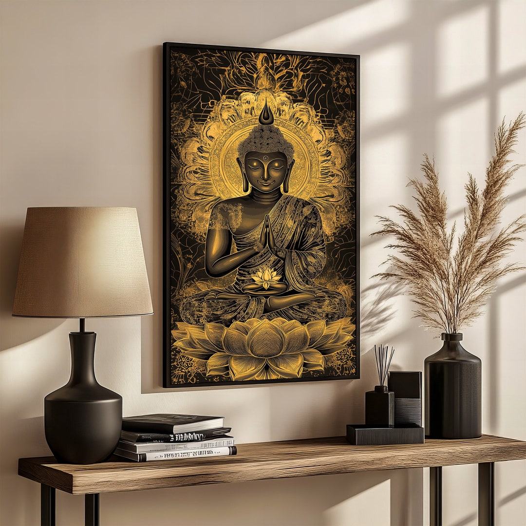 Gold and Black Buddha in Prayer Pose – Luxurious Canvas Painting for ...