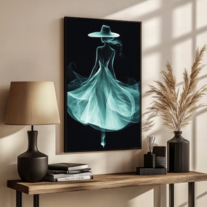 Elegant Minimalist Woman in Flowing Dress and Hat - Stylish Canvas Painting for Modern Home Decor and Unique Art Gift