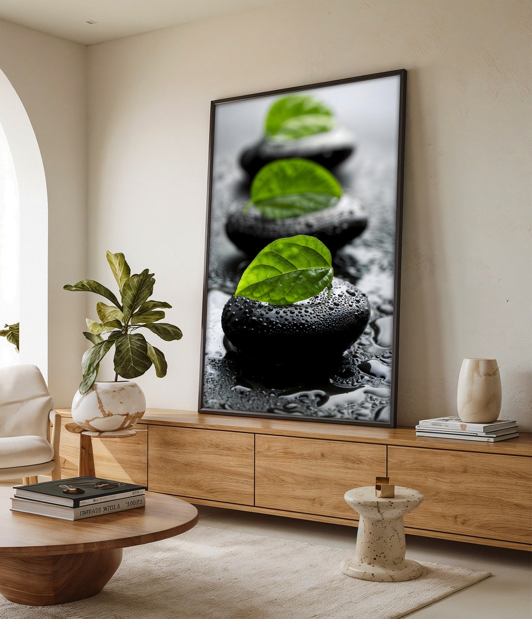 Zen Inspired Black Stones & Green Leaves Canvas Wall Art - Tranquil ...