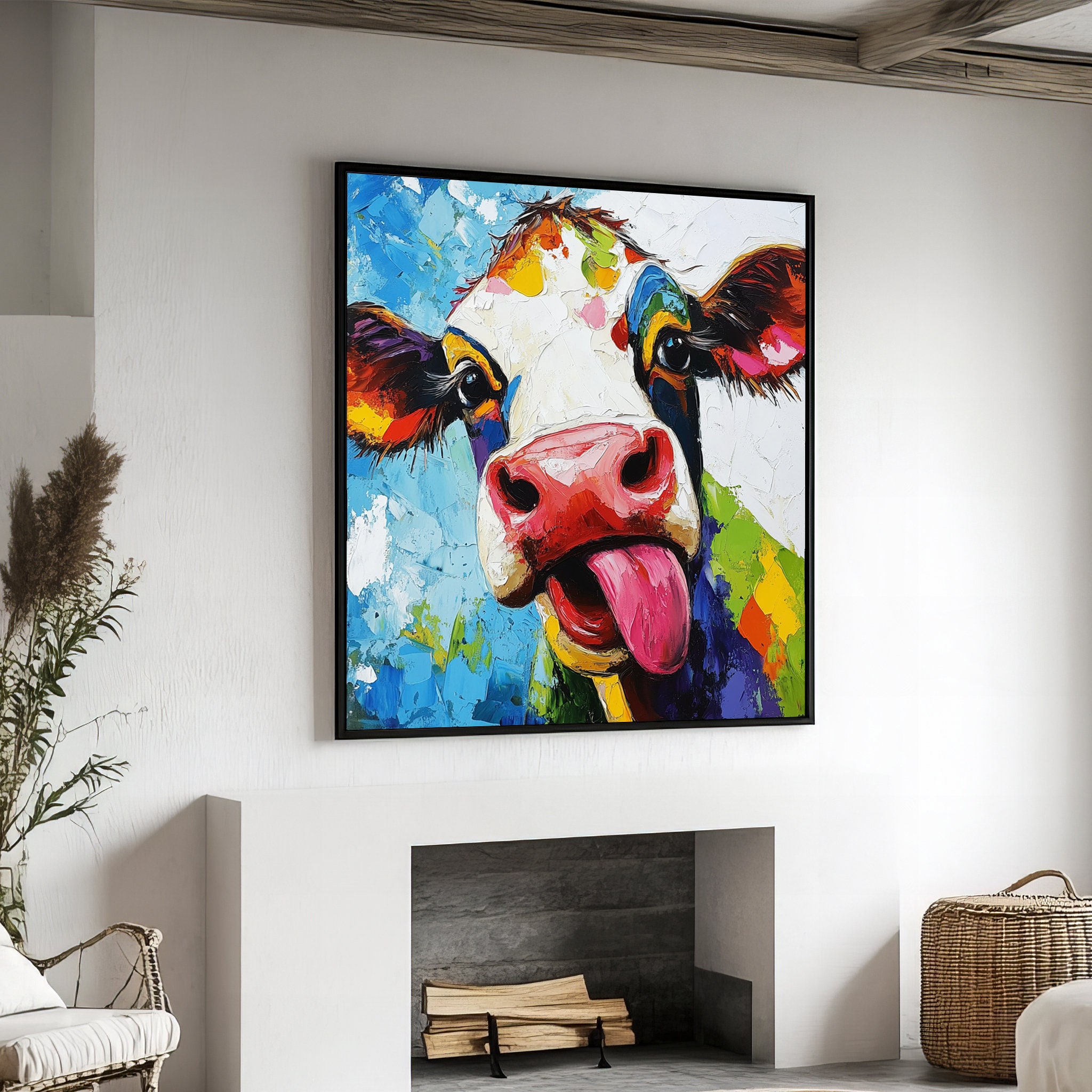 Colorful Cow With Big Eyes and Playful Expression - Modern Canvas