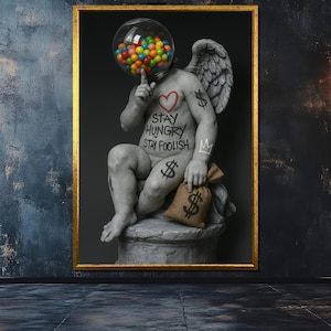 Graffiti Angel Canvas Painting, Banksy Urban Wall Art, Ready to Hang Modern Street Style Decor, Bold Gift for Art Lovers