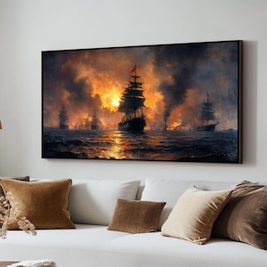 Historic Naval Battle Canvas Painting - Dramatic Ship Art Gift for History Lovers and Maritime Decor