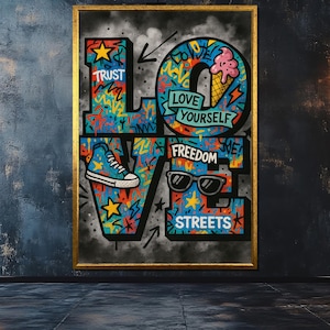 Love Graffiti Canvas Painting, Colorful Urban Street Art Wall Decor, Ready to Hang Modern Pop Art, Cool Gift for Art Lovers