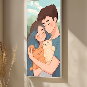 Adorable Couple with Cats Canvas Painting - Cute and Wholesome Art Gift for Animal Lovers Wall Decor