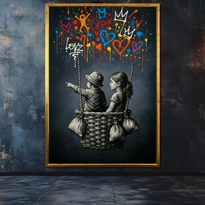 Banksy kinderen in mand canvas schilderij, graffiti muurkunst met kleurrijke harten, stedelijke streetstyle kunstwerken, Banksy canvas, uniek kunstcadeau