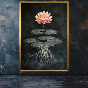 Lotus Flower Canvas Painting, Modern Botanical Wall Art, Zen Nature Artwork, Black and Gold Floral Decor, Meditative Lotus Gift for Home