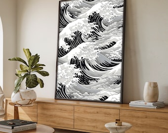 Black & White Japanese Wave Canvas Art – Hokusai Inspired