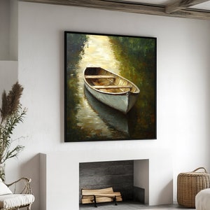 Tranquil Rowboat on Still Waters – Peaceful Landscape Canvas Painting – Perfect Gift for Nature and Boating Lovers