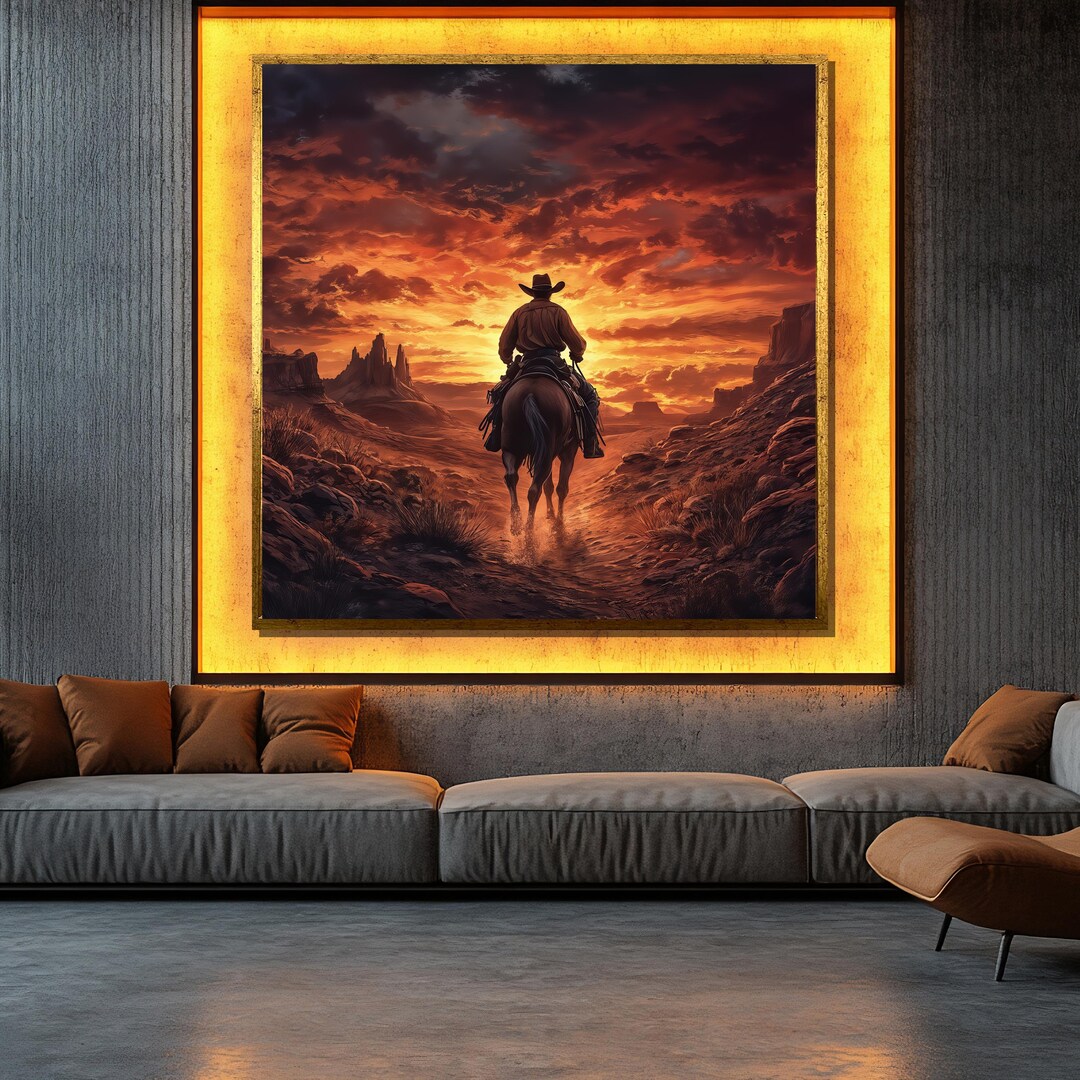 Western Cowboy Canvas Painting, Sunset Horse Ride Wall Art, Rustic ...