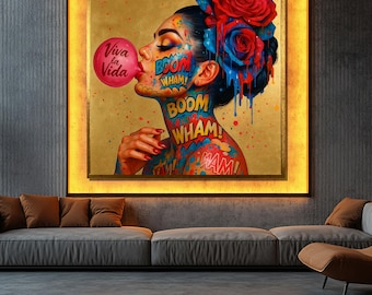 Viva La Vida Pop Art Canvas Painting, Colorful Graffiti Girl Wall Art, Ready to Hang Bold Urban Decor, Cool Gift for Art Lovers