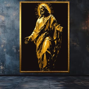 Golden Jesus Canvas Painting, Christian Wall Art for Religious Home Decor, Christian Room Decor, Sacred Christ Print, Spiritual Gift Idea