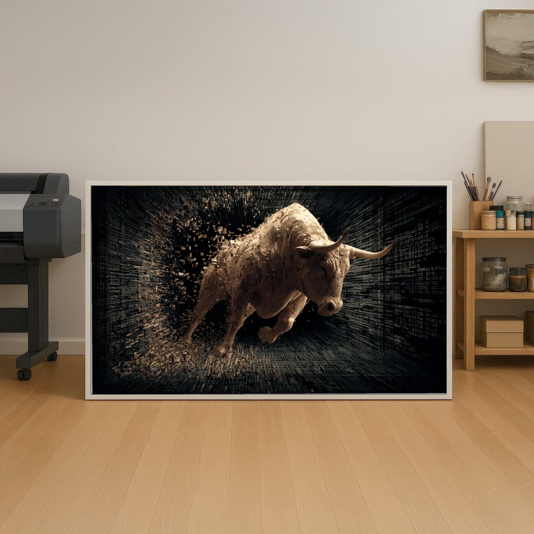 Fierce Charging Bull Digital Art Canvas, Abstract Wall Decor, Modern ...