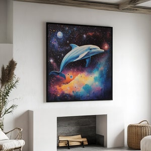 Cosmic Dolphin Swimming Through the Stars - Mystical and Dreamy Canvas Painting for a Unique and Enchanting Gift