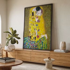 Romantische Klimt-inspirierte Leinwand Kunst, lebendige Wanddekoration, Gustav Klimt Kuss Kunstwerk, Klimt Kunstdruck, gerahmt, fertig zum Aufhängen, Paargeschenk