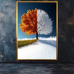 Seasons Tree Canvas Painting, Half Autumn Half Winter Wall Art With Nature Contrast, Modern Landscape Artwork For Home, Nature Art Gift