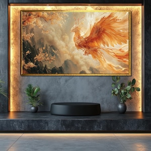Phoenix Leinwand Gemälde, Goldener Vogel Wandkunst, Majestätischer Feuervogel im Himmel, Phoneix Poster, Fantasy Mythologie Kunstwerk, legendäres Kunst Geschenk