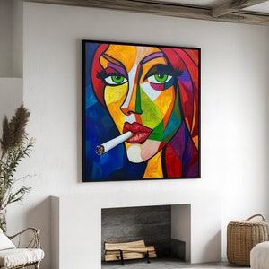 Vibrant Picasso-Style Woman with Red Hair and Green Eyes - Colorful Abstract Canvas Painting Gift for Modern Art Lovers