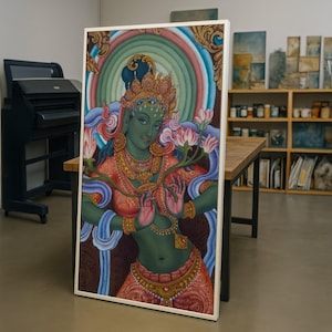 Grüne Tara buddhistische Göttin Leinwand Wandkunst, traditionelle tibetische spirituelle Malerei, Meditation Dekor, ethnischer religiöser Kunstdruck, bereit zu