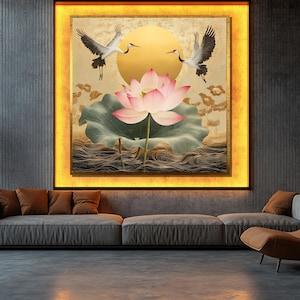 Golden Lotus and Crane Canvas Painting, Asian Zen Wall Art, Tranquil Nature Decor, Traditional Oriental Artwork, Elegant Spiritual Gift