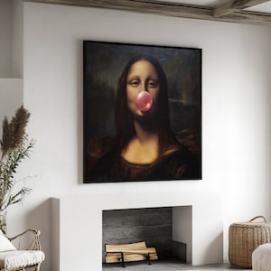 Playful Modern Twist on Mona Lisa - Bubblegum Pop Art Canvas Painting Gift for Fans of Whimsical Contemporary Masterpieces