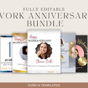 May include: A set of editable work anniversary templates. The design includes various layouts with the text "Happy Workaversary!" and "Work Anniversary Bundle". The templates provide space for photos and personalized messages.