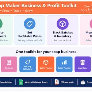May include: A Soap Maker Business & Profit Toolkit digital dashboard featuring sections for calculating recipe costs, setting prices, tracking batches, and monitoring sales. Includes icons for ingredients, recipes, pricing, inventory, and a dashboard, with compatibility for Excel and Google Sheets.