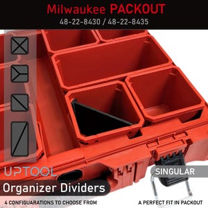 May include: Red Milwaukee PACKOUT organiser dividers for a 48-22-8430 or 48-22-8435 toolbox. The dividers are labelled "UPTOOL Organiser Dividers" and "SINGULAR A PERFECT FIT IN PACKOUT".