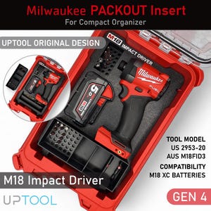 Peut inclure: Insert rouge Milwaukee PACKOUT pour un organisateur compact, avec une visseuse à chocs M18, une batterie et des accessoires. L'insert, conçu par UPTOOL, comprend le texte "M18 Impact Driver". Le modèle d'outil est US 2953-20, AUS M18FID3, compatible avec les batteries M18 XC.