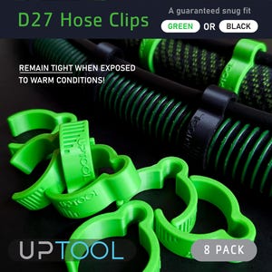 May include: Eight green D27 hose clips with the text "UPTOOL" printed on them. The hose clips are designed to remain tight when exposed to warm conditions. The text "8 PACK" is printed on a white background.