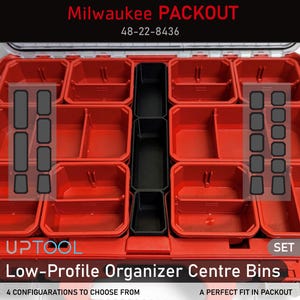May include: A red Milwaukee PACKOUT 48-22-8436 toolbox with a set of low-profile organiser centre bins. The bins are black and have a grid pattern. The text "UPTOOL" and "SET" are printed on the box.