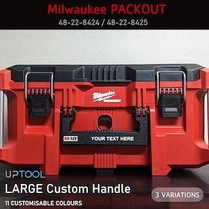 May include: Red Milwaukee PACKOUT tool box with a black handle and a black and red M18 logo. The box has a black label that says "YOUR TEXT HERE".