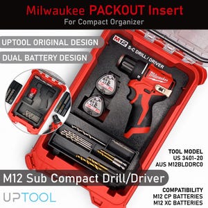 May include: A red Milwaukee PACKOUT insert for a compact organizer, featuring a M12 Sub Compact Drill/Driver. The set includes drill bits and two batteries. The text on the image reads "UPTOOL ORIGINAL DESIGN" and "DUAL BATTERY DESIGN."