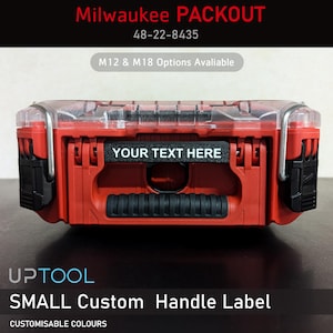 May include: Red Milwaukee PACKOUT toolbox with a clear lid and a black handle. The handle has a white label that says "YOUR TEXT HERE".
