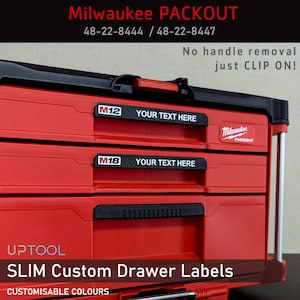 May include: Red Milwaukee PACKOUT tool chest with black detailing. Includes custom drawer labels with the text "YOUR TEXT HERE" on two drawers. The text "SLIM Custom Drawer Labels" and "CUSTOMISABLE COLOURS" are also visible.