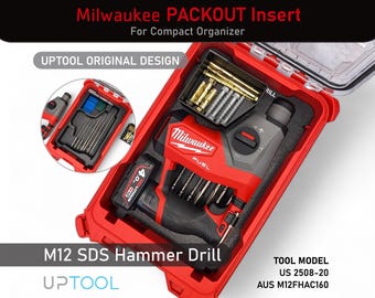 May include: Red Milwaukee PACKOUT insert for a compact organiser, featuring an M12 SDS Hammer Drill and drill bits. The image includes the text "UPTOOL ORIGINAL DESIGN" and "Milwaukee FUEL". The tool model is US 2508-20.