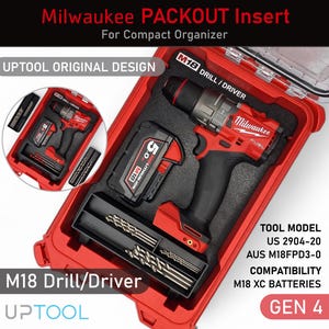 May include: Red Milwaukee PACKOUT insert for a compact organiser, featuring a red and black M18 drill/driver, battery, and drill bits. The text "UPTOOL ORIGINAL DESIGN" and "M18 Drill/Driver" are visible. Tool model US 2904-20.
