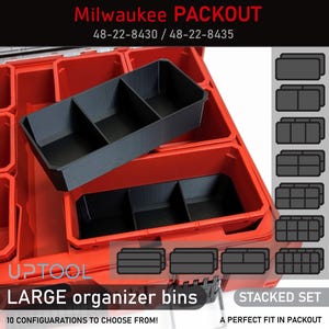 May include: Milwaukee PACKOUT 48-22-8430/48-22-8435 large organiser bins. The bins are red and black and are designed to fit in the PACKOUT system. The image shows 10 different configurations of the bins.