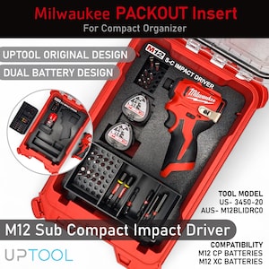May include: Red Milwaukee PACKOUT insert for a compact organizer, featuring an M12 Sub Compact Impact Driver. Includes various bits and two batteries. The text reads "UPTOOL ORIGINAL DESIGN" and "DUAL BATTERY DESIGN". Tool model US-3450-20.