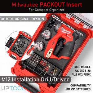 May include: Red Milwaukee PACKOUT insert for a compact organizer, featuring an M12 installation drill/driver. The insert includes various drill bits and accessories, with the text "UPTOOL ORIGINAL DESIGN" and "M12 INSTALLATION DRILL/DRIVER".