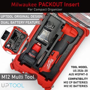 May include: A red Milwaukee PACKOUT insert for a compact organizer, featuring a M12 multi-tool. The insert includes a dual battery feature and is designed by UPTOOL. The tool model is US 2526-20 and is compatible with M12 CP and XC batteries.