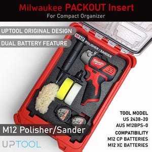 May include: Red Milwaukee Packout insert for a compact organizer, featuring a M12 Polisher/Sander. Includes various polishing pads and accessories. The insert is designed with a dual battery feature and is an Uptool original design.