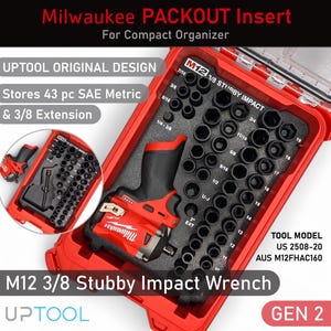May include: Red Milwaukee PACKOUT insert for compact organiser. Includes a M12 3/8 Stubby Impact Wrench and stores 43 pc SAE Metric & 3/8 Extension. The tool model is US 2508-20. The insert is an UPTOL ORIGINAL DESIGN, GEN 2.