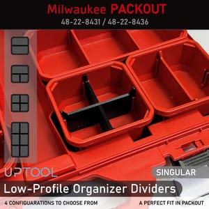 May include: A red Milwaukee PACKOUT toolbox with a set of black low-profile organiser dividers. The text on the toolbox reads "Milwaukee PACKOUT 48-22-8431/48-22-8436" and "UPTOOL SINGULAR Low-Profile Organiser Dividers 4 CONFIGURATIONS TO CHOOSE FROM A PERFECT FIT IN PACKOUT".