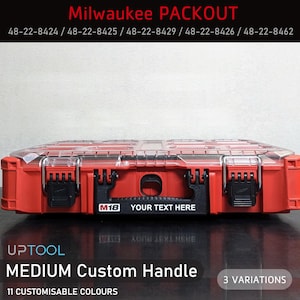May include: A red Milwaukee PACKOUT toolbox with a clear lid and black latches. The box has a black label with the text "M18 YOUR TEXT HERE".