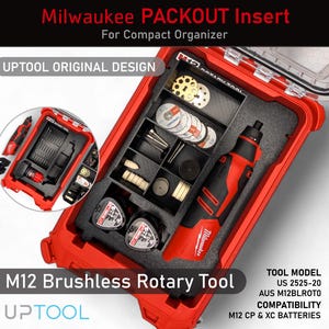 May include: Red Milwaukee PACKOUT insert for compact organiser, featuring an M12 Brushless Rotary Tool. The insert includes various accessories and compartments. The text "UPTOOL ORIGINAL DESIGN" is visible.