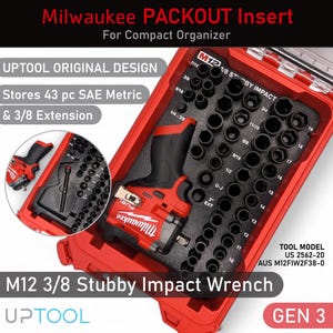 May include: Red Milwaukee PACKOUT insert for compact organiser, holding a M12 3/8 Stubby Impact Wrench and 43 SAE metric sockets. The insert includes a 3/8 extension. The text reads "UPTOOL ORIGINAL DESIGN" and "GEN 3".
